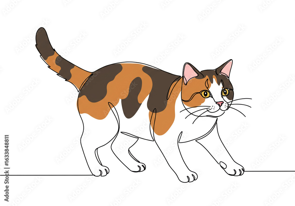 Poster A calico cat with a single line art style standing with its tail up on a white background