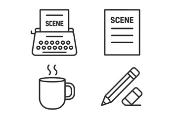 Scriptwriting process icon set. Outline vector illustration of screenwriting elements: vintage typewriter, screenplay page, steaming coffee mug, pencil and eraser. Creativity, writing tools concept