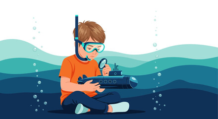 Naklejka premium Boy With Submarine Toy Investigating Underwater World In Snorkel Gear