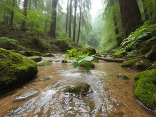 A forest stream flowing over rocks covered in moss with trees in the background scenery