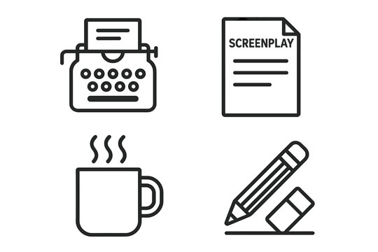 Scriptwriting process outline icon set. Typewriter, screenplay document, mug of coffee, pencil and eraser. Creative writing, script editing, screenwriter tools. Vector illustration isolated.