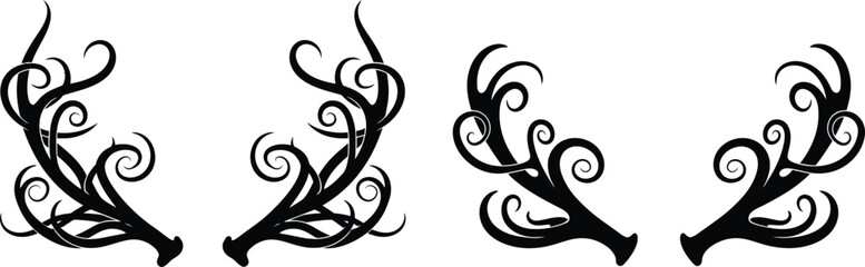 Four decorative black swirling ornate flourish corner elements silhouette