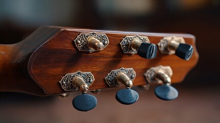 Close-up of the tuning pegs on a beautifully crafted acoustic guitar.