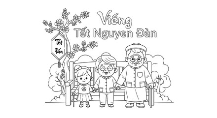 Vietnamese New Year: Grandparents and Grandchild, Line Art Illustration, Happy Family Celebration