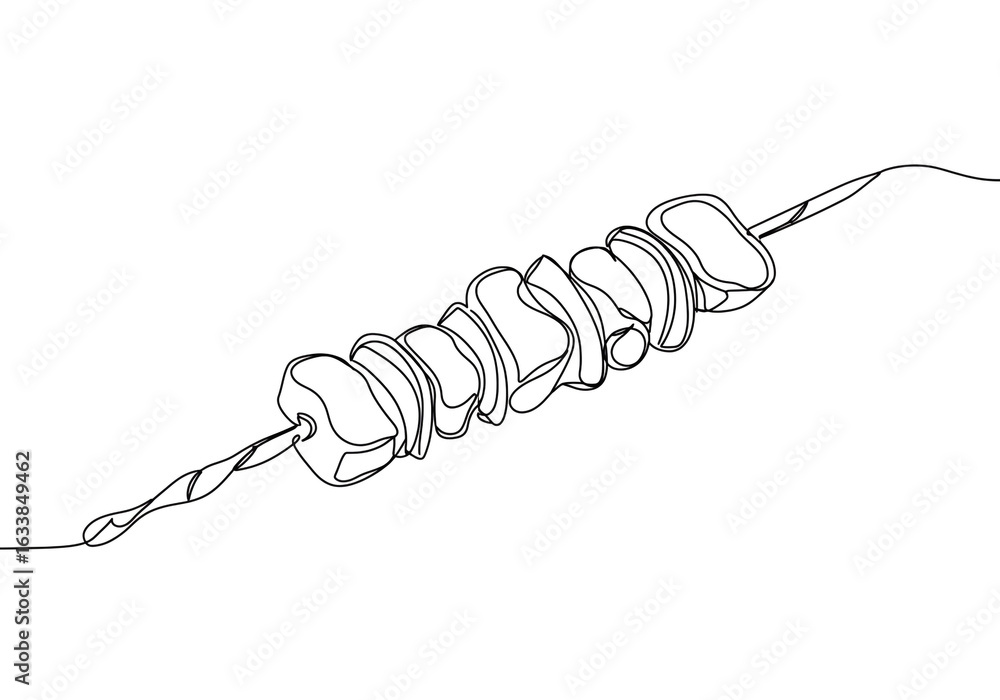 Poster a single continuous line drawing of a shish kebab with meat and vegetables on a skewer line art