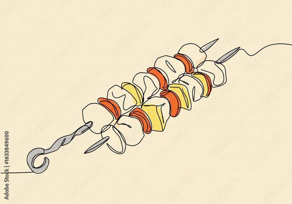 Poster continuous line drawing of two skewers with meat and vegetables on a light yellow background