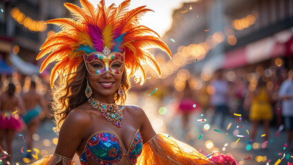 A woman in vibrant carnival attire smiles, embodying the joy of the celebration during a street festival.