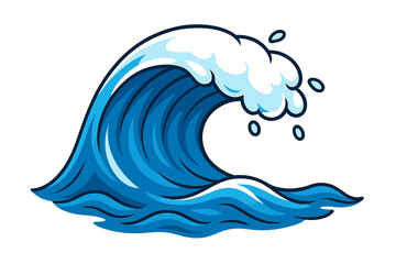 Dynamic ocean wave vector illustration. Powerful sea wave crest with white foam. Blue water wave. Splash and surf concept. Marine nature, aquatic movement, ocean energy, surfing, seascape background.