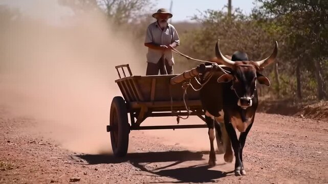 Traditional ox cart on dusty rural road under sunlight