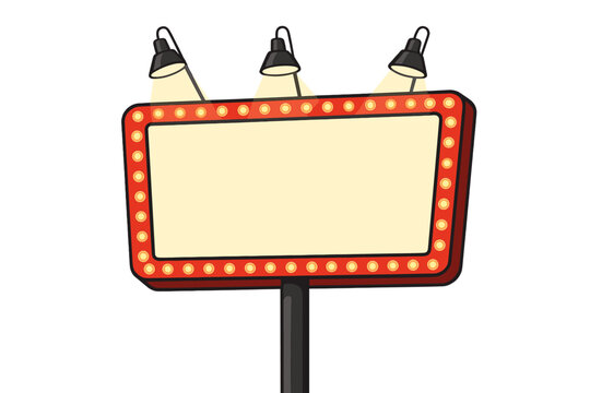 Vintage blank retro marquee sign with glowing lightbulbs and spotlights, illuminated signage for theater, cinema, event promotion, vector illustration isolated on transparent background