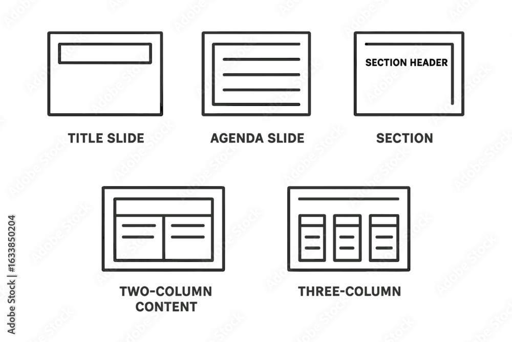 Poster outline slide layout icons set. vector presentation templates for title slide, agenda slide, section