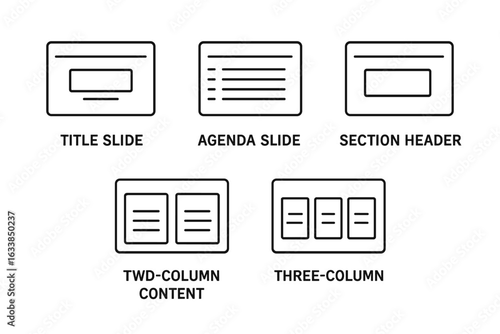 Poster outline slide layout icons set. presentation templates collection. title slide, agenda slide, sectio