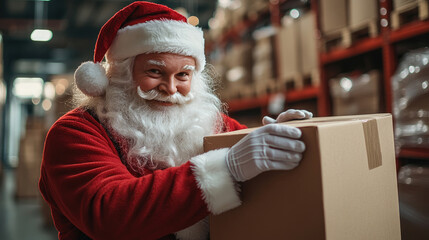Close-up of Santa Claus taping a cardboard gift box in a modern warehouse setting, holiday logistics and packaging concept, festive shipping scene with copy space included