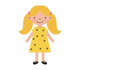 Fototapeta premium A Cartoon Blonde Girl with Pigtails Wearing a Yellow Polka Dot Dress, Standing and Smiling