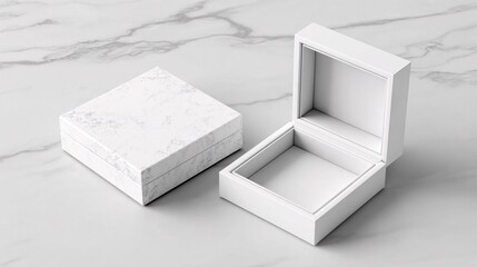 Minimalist white jewelry box mockup, plain and simple design, closed and open views, set against an elegant marble background.