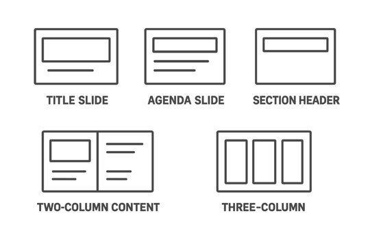 Outline Presentation Slide Layout Icons Set. Vector Illustration of Title Slide, Agenda Slide, Section Header, Two-Column Content, Three-Column Layouts. Editable Design Elements for Business Templates