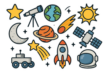 Cartoon Space Exploration Vector Icons Set. Astronomy objects, planets, astronaut, satellite, rocket, rover, telescope, sun, moon, stars, comet. Science education, outer space adventure illustration.