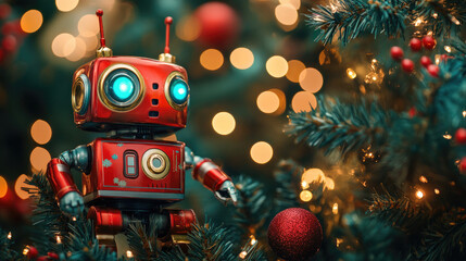 uturistic Christmas robot standing in front of a decorated holiday tree, combining festive spirit with advanced technology. Space for text included.