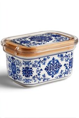Rectangular glass container with blue floral pattern and bamboo lid