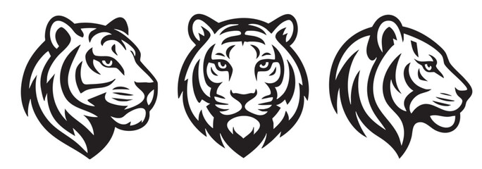 Set of 3 Minimalist Black and White Tiger Head Logos in Side and Front Views for Branding, Mascots, and Tattoos