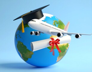 Graduation cap, diploma, and airplane above a globe; symbolizes global education or study abroad