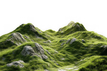 Green grassy hills landscape terrain mountainous area rocky outcrops pasture land scenery isolated on transparent background