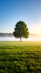Obraz premium Single tree in a field of grass, sunrise/sunset