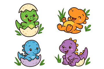 Naklejka premium Adorable Baby Dinosaur Vector Set. Cute Cartoon Dino Characters in Eggs. Playful Colorful Prehistoric Creatures for Kids, Nursery, Birthday, Stickers, Invitations, Scrapbooking, Decor