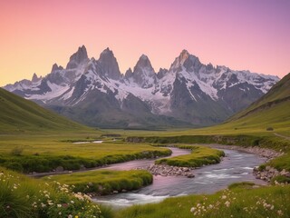 Scenic landscape featuring jagged mountain peaks snow capped with a winding river below