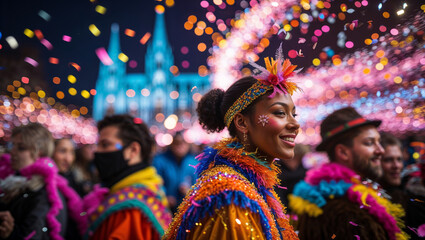 A cheerful woman celebrates at a vibrant carnival parade, amidst confetti and costumes.