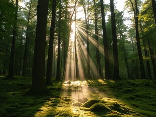 Sunlight streaming through tall trees in a green mossy forest creating a serene scene
