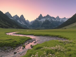 Winding stream through green meadow with snow capped mountains under a pastel sky view