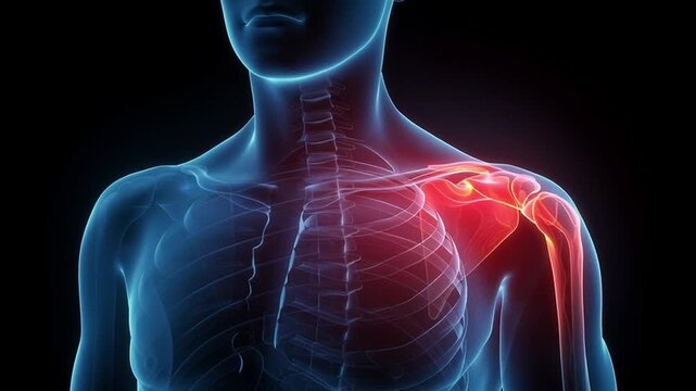 A detailed x-ray visualization highlights the shoulder joint and surrounding structures, illustrating pain and common diseases associated with this area of the body in high definition.