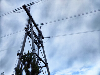 Krasnoyarsk Hydroelectric Power Station showcases towering transmission lines against a cloudy sky
