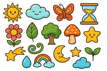 Cartoon illustration of cute nature elements and whimsical objects. Happy sun, cloud, moon, star, rainbow, plant, leaf, mushroom, butterfly, tree, flower, hourglass, and weather icons. Vector art