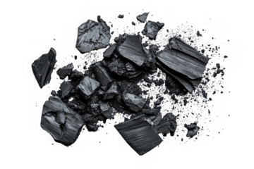Pile of dark charcoal pieces, black coal fragments, fuel material, carbon chunks, energy source, isolated on transparent background