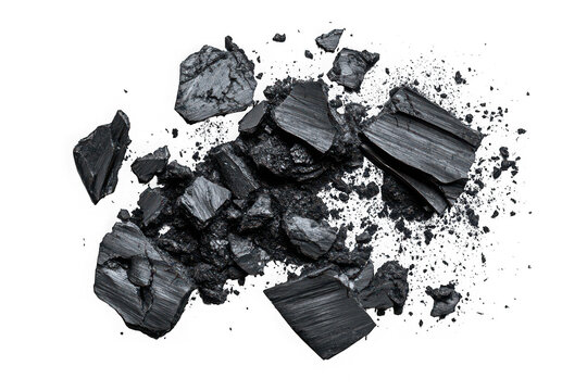 Pile of dark charcoal pieces, black coal fragments, fuel material, carbon chunks, energy source, isolated on transparent background