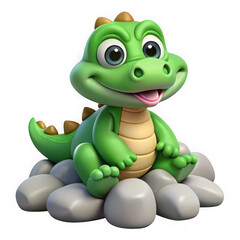 Fototapeta premium 3d cartoon green dragon sitting on rocks isolated on transparent background