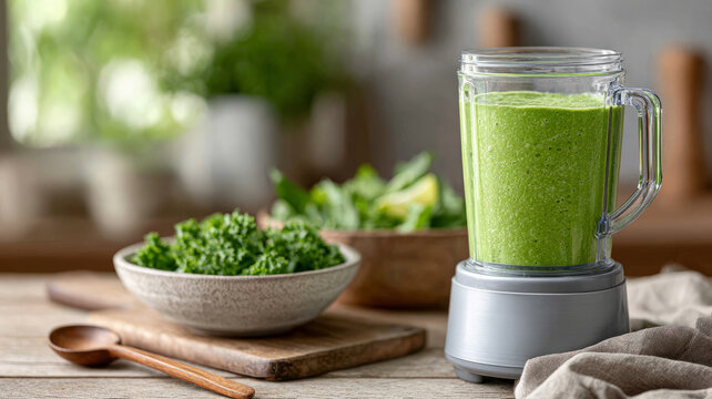 A green smoothie in a blender on a wooden kitchen table. - Powered by Adobe