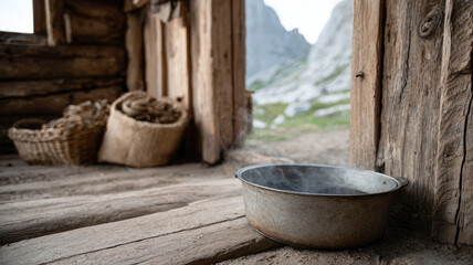 Fototapeta premium Rustic cabin interior with baskets and mountain view outside.