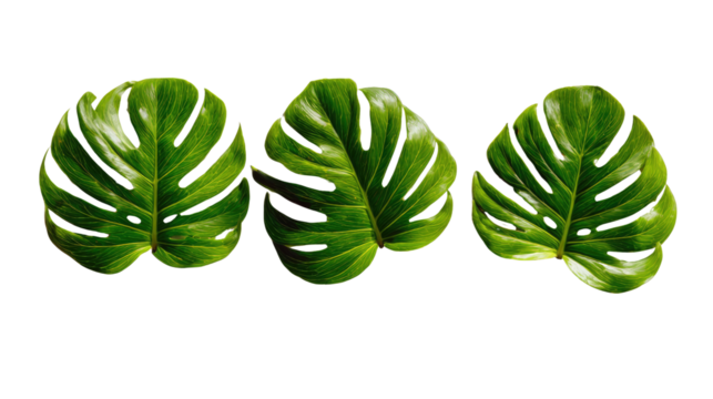Three vibrant green monstera leaves arranged elegantly against a white background.