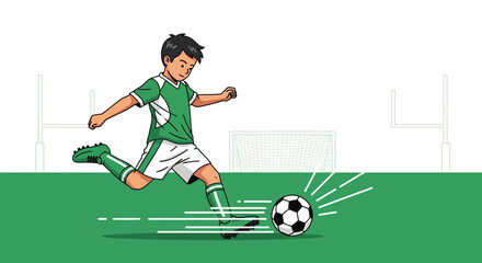 Fototapeta premium Boy Kicking Soccer Ball on the Field With Football Goal Drawing Illustration