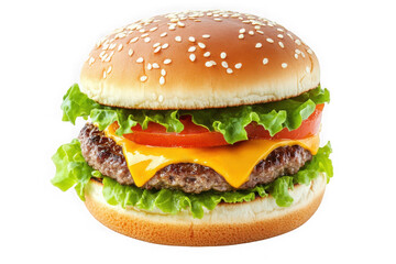 Delicious cheeseburger with lettuce, tomato, and sesame seed bun ready to eat png image, food photography, restaurant menu item isolated on transparent background