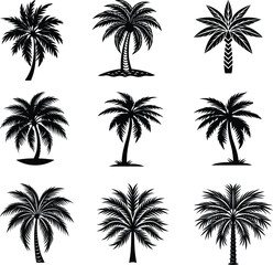 A tropical beach paradise with a vector silhouette of palm trees against a summer sky