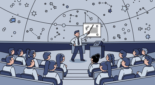 Astronomical Presentation With Professor Teaching Celestial Concepts To Students - Powered by Adobe