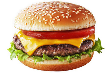 Delicious cheeseburger with beef patty, lettuce, tomato, and cheese on sesame bun, food photography, isolated on transparent background