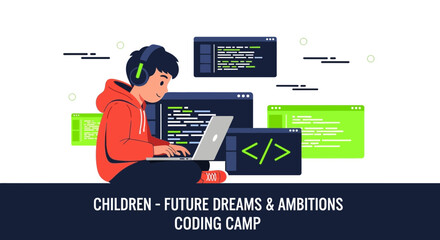 Boy Learns Coding With Laptop And Headphones Future Technology Education