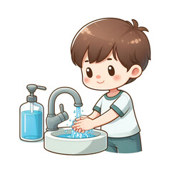a boy is washing hand  isolated on white background