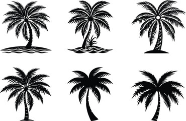 A collection of black palm tree silhouettes against a tropical sunset background, perfect for a summer vacation design