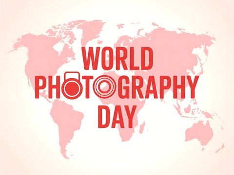 Celebrating world photography day with a global map and camera lens icon - Powered by Adobe
